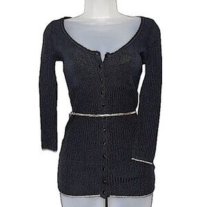 Y2K GUESS Metallic Gold Trim Button Up Scalloped Trim Knit Cardigan Black Small